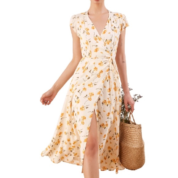 Reformation Dresses & Skirts - Reformation Carina MIdi Wrap Dress In Limonada Size XL